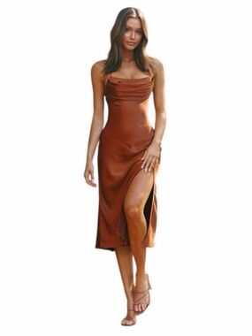 Selfie Leslie Chocolate Brown Satin Midi Size XS and S